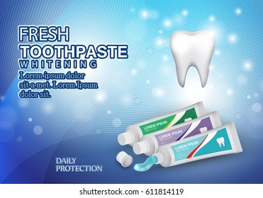 Whitening toothpaste ads concept,isolated on shiny backdrop.Long lasting mint flavour toothpaste with sparkling effect.3D tooth model and product package,for web site,poster,placard and marketing