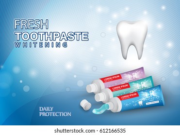 Whitening toothpaste ads concept,isolated on blue shiny backdrop.Long lasting mint flavour toothpaste with sparkling effect.3D tooth model and product package,for web site,poster,placard and marketing