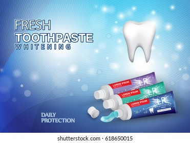 Whitening toothpaste ads concept,isolated on blue shiny background.Long lasting mint flavour toothpaste with sparkling effect.3D tooth model and product package,for web,poster,placard and marketing