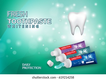 Whitening toothpaste ads concept,isolated on green shiny background.Long lasting mint flavour toothpaste with sparkling effect.3D tooth model and product package,for web,poster,placard and marketing