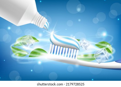 Whitening toothpaste ads with flying mint leaves and sparkling effect around the toothbrush on blue background, Realistic 3d vector illustration