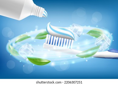 Whitening toothpaste ads with flying mint leaves and sparkling effect around the toothbrush on blue background, Realistic 3d vector illustration