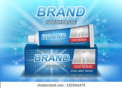 Whitening toothpaste ads isolated on blue. Tooth model and product package design for dental care poster or advertising. 3d Vector illustration.