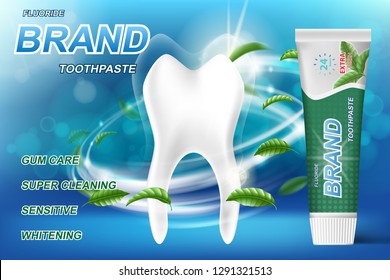 Whitening toothpaste ads, mint leaves background. Tooth model and product package design for toothpaste poster or advertising. 3d Vector illustration.