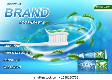 Whitening toothpaste ads, mint leaves background. Tooth model and product package design for toothpaste poster or advertising. 3d Vector illustration.