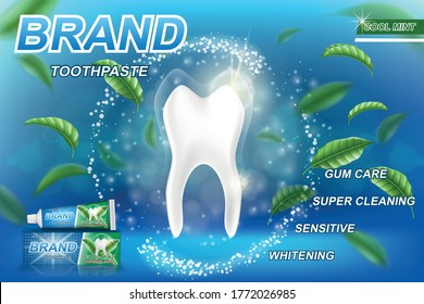 Whitening toothpaste ads, mint leaves background. Tooth model and product package design for dental care poster or advertising. 3d Vector illustration.