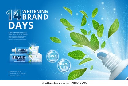 Whitening toothpaste ads, mint leaves flying out from a toothpaste package with sparkling effect on the background in 3d illustration