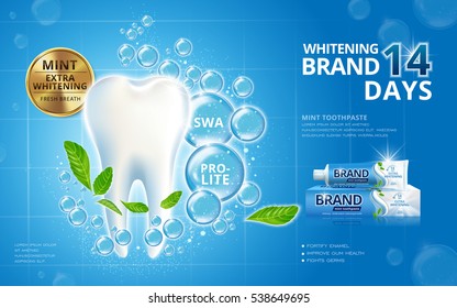 Whitening toothpaste ads, sparkling white tooth with mint leaves and bubbles isolated on blue background in 3d illustration