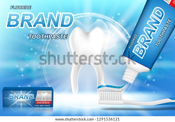 ホワイトニング歯磨きの広告 歯磨きポスターや広告用の歯のモデルと歯科治療製品パッケージデザイン 3dのベクターイラスト のベクター画像素材 ロイヤリティフリー