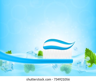 Whitening toothpaste ads. Toothbrush on a blue background wit eater splash and mint. 3d illustration. EPS10 vector