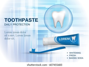 Whitening toothpaste ads,isolated on blue backdrop.Long lasting flavour toothpaste.Blue toothbrush isolated on background.Tooth model and product package,for web site,poster,placard,flyer and leaflet