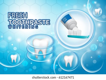 Whitening toothpaste ads,isolated on blue hexagon backdrop.Long lasting mint flavour toothpaste on blue toothbrush with sparkling effect.Tooth model and product package,for web site,poster,placard