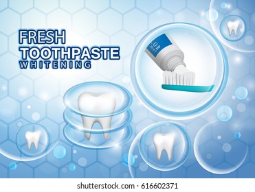 Whitening toothpaste ads,isolated on blue hexagon background.Long lasting mint flavour toothpaste on blue toothbrush with sparkling effect.Tooth model and product package,for web site,poster,placard