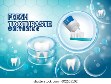 Whitening toothpaste ads,isolated on green hexagon backdrop.Long lasting mint flavour toothpaste on green toothbrush with sparkling effect.Tooth model and product package,for web site,poster,placard