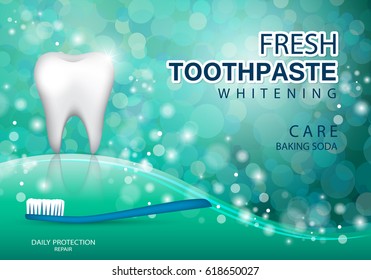 Whitening toothpaste ads,isolated on green bokeh background.Long lasting mint flavour toothpaste on blue toothbrush with sparkling effect.Tooth model and product package,for web site,poster,placard