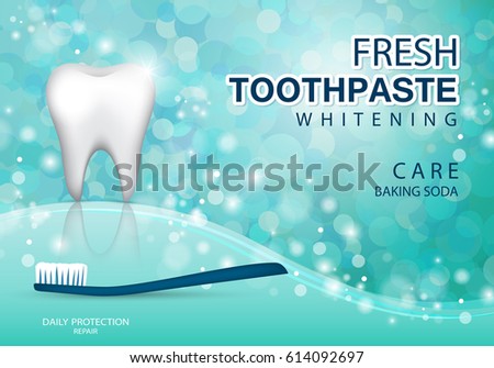 Whitening toothpaste ads,isolated on green bokeh background.Long lasting mint flavour toothpaste on blue toothbrush with sparkling effect.Tooth model and product package,for web site,poster,placard