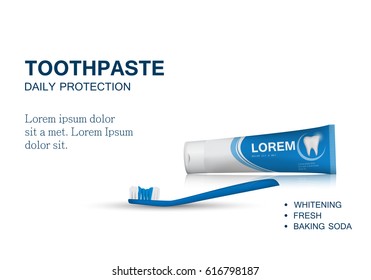 Whitening toothpaste ads,isolated on white background.Long lasting mint flavour toothpaste on blue toothbrush with sparkling effect.Tooth model and product package,for web site,poster,placard
