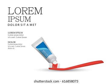 Whitening toothpaste ads,isolated on white background.Long lasting mint flavour toothpaste on blue toothbrush.Tooth model and product package,for web site,poster,placard