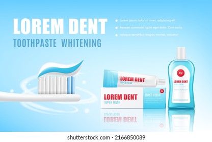 Whitening toothpaste banner background realistic vector illustration on blue background. Toothpaste advertising banner template. Dental care and hygiene.