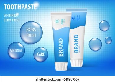 Whitening toothpaste concept, isolated on blue background. Tooth model and product package for web site, poster advertising and marketing. 3D Vector toothpaste illustration.