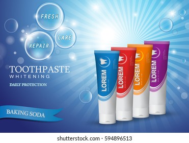 Whitening toothpaste concept,isolated on blue stripe backdrop.Long lasting mint flavour toothpaste with sparkling effect.3D tooth model and product package,for web site,poster,placard and marketing