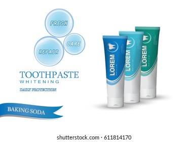 Whitening toothpaste concept,isolated on white backdrop.Long lasting mint flavour toothpaste with sparkling effect.3D tooth model and product package,for web site,poster,placard and marketing