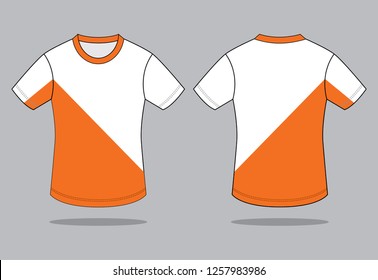 White-Orange Short Sleeve T-Shirt Design on Gray Background.Front and Back View, Vector File