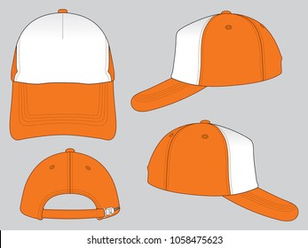 White-Orange Trucker Cap With Adjustable Slider Plastic Buckle Zip Closure Strap Design on Gray Background.