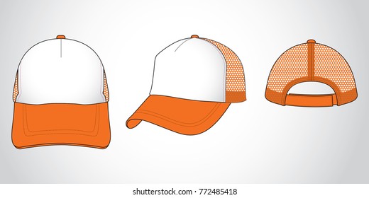 White-orange trucker cap with mesh at side and back panel, adjustable with hook and loop closure strap back design on gray background, vector file.