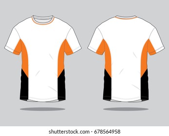 White-Orange-Black Short Sleeve T-Shirt Design on Gray Background.
Front and Back View, Vector File