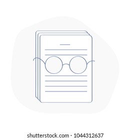 Whitepaper icon, main ICO document, investment doc, company strategy, brief, development product plan. Cute fun pile of papers in glasses. Important documents to study concept. Flat outline vector.