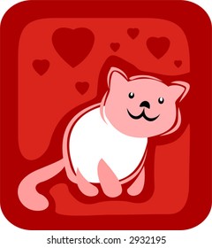 White-pink cat on  a red background with hearts.