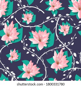 white-pink flowers with green leaves and light, smoothly curved branches are randomly arranged on a dark blue background. floral pattern. vector
