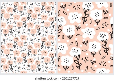 White-Pink Flowers Print. Cute Delicate Hand Drawn Floral Vector Seamless Pattern. Daisy Flowers on a Blush Pink and White Background. Abstract Garden Repeatable Design ideal for Fabric, Textile.