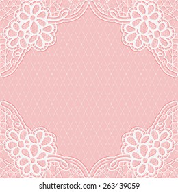 White-pink lace frame with a mesh background. For design of cards or wedding invitations. Vector illustration.