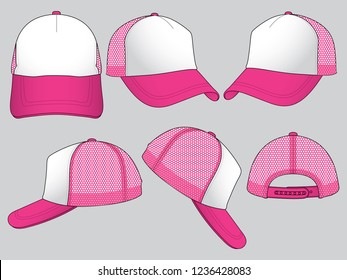 White-Pink Trucker Baseball Cap  With Mesh at Side and Back Panel, Adjustable Snap Back Strap Closure Design on Gray Background.