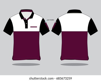 White-Purple Short Sleeve Polo Shirt Design With One Pocket And Pen Holder Design Ob Gray Background.Front And Back View, Vector File.