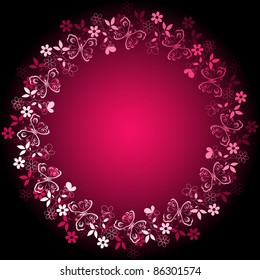 White-purple vivid floral frame on pink and black background (vector)