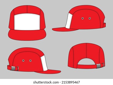 White-Red 5 Panels Cap With Flat Brim Cap And Adjustable Metal Buckle Strap Back Template On Gray Background.