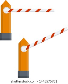 White-red barrier gate. Organization and closing of the entrance to the Parking lot. Road sign. Stop device at the border. Set of object. different angles. Cartoon flat illustration