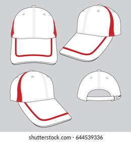 White-Red Baseball Cap with Adjustable Slide Buckle Strap Closure Design on Gray Background, Vector File.