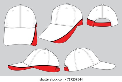 White-Red Baseball Cap with Hook-Loop Strap Back Closure Design on Gray Background, Vector File.