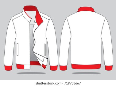 White-Red Baseball Jacket Design on Gray Background. Front and Back Views, Vector File.