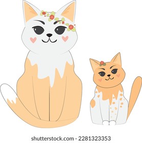 white-red cat and spotted kitten with flowers