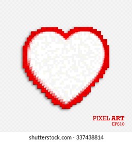 White-red heart made of three-dimensional cubes on a transparent grid background. Pixel art style. Mosaic background of geometric shapes. Vector illustration.