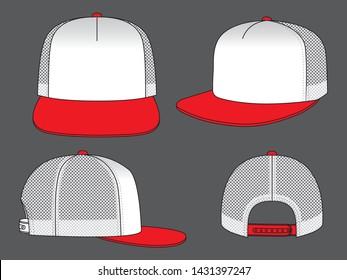 White-red hip hop cap with mesh at side and back panels, adjustable snap back closure strap design on gray background, vector file.