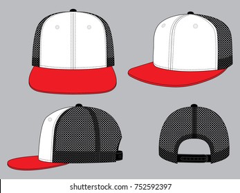 White-red hip hop cap with mesh black at side and back panels, adjustable snap back closure strap design on gray background, vector file.