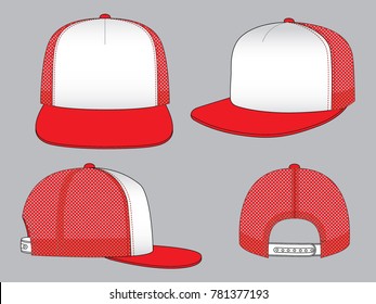 White-red hip hop cap with mesh at side and back panels, adjustable snap back closure strap design on gray background, vector file.