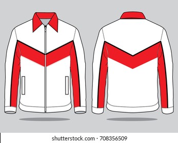 White-Red Jacket with Black Piping Lines Design on Gray Background. Front and Back Views, Vector File.