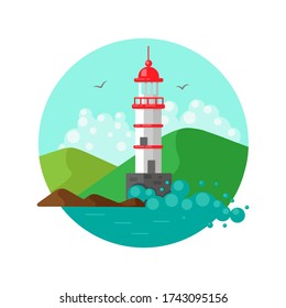 White-red lighthouse on the seashore. Summer view of the sea, mountains, clouds. Vector illustration of EPS 10, for printing on clothes, covers, for wallpaper, stickers, stickers, posters, greeting ca